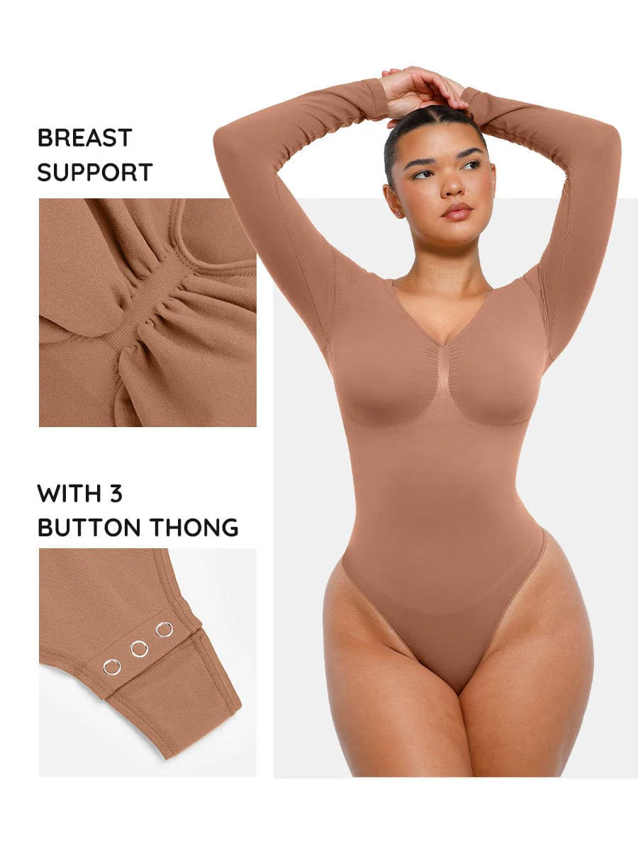 Seamless Bust Support & Tummy Сontrol Long Sleeve Thong Bodysuit