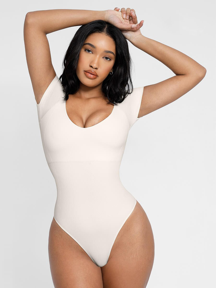 Seamless Waist & Tummy Sculpt Short Sleeve Thong Bodysuit