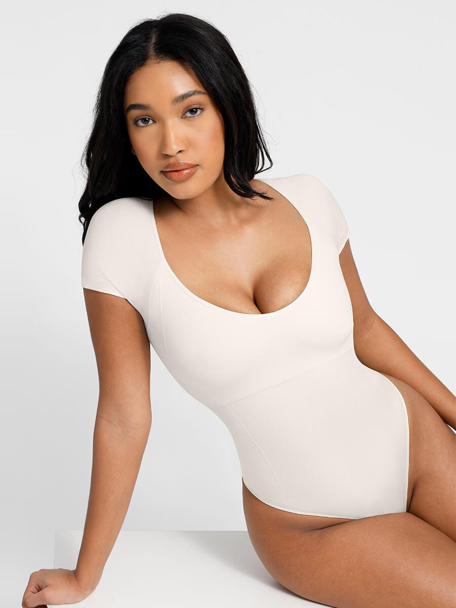 Seamless Waist & Tummy Sculpt Short Sleeve Thong Bodysuit