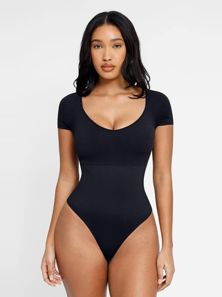 Seamless Waist & Tummy Sculpt Short Sleeve Thong Bodysuit
