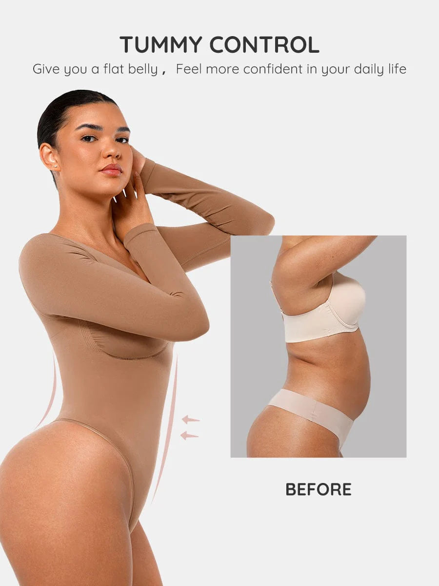 Seamless Bust Support & Tummy Сontrol Long Sleeve Thong Bodysuit